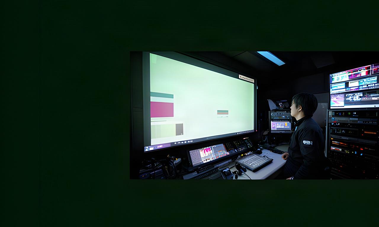 報道スタジオでニュース映像を確認する技術スタッフと大型モニター
