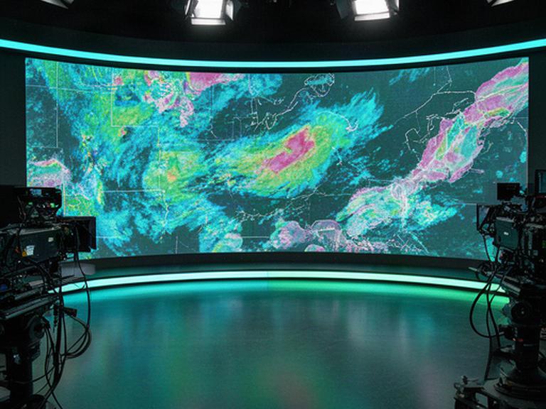 テレビスタジオの高精細LEDウォールに天気図を表示している収録風景